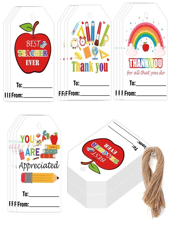 SMARSTICKER Teacher Appreciation Gift Tags with String 3.3x2.2 inch Colorful Thank You Teachers Day Name Gift Presents Tags for Party, Appreciation Week, Back to School Gifts 40pcs - Image 1